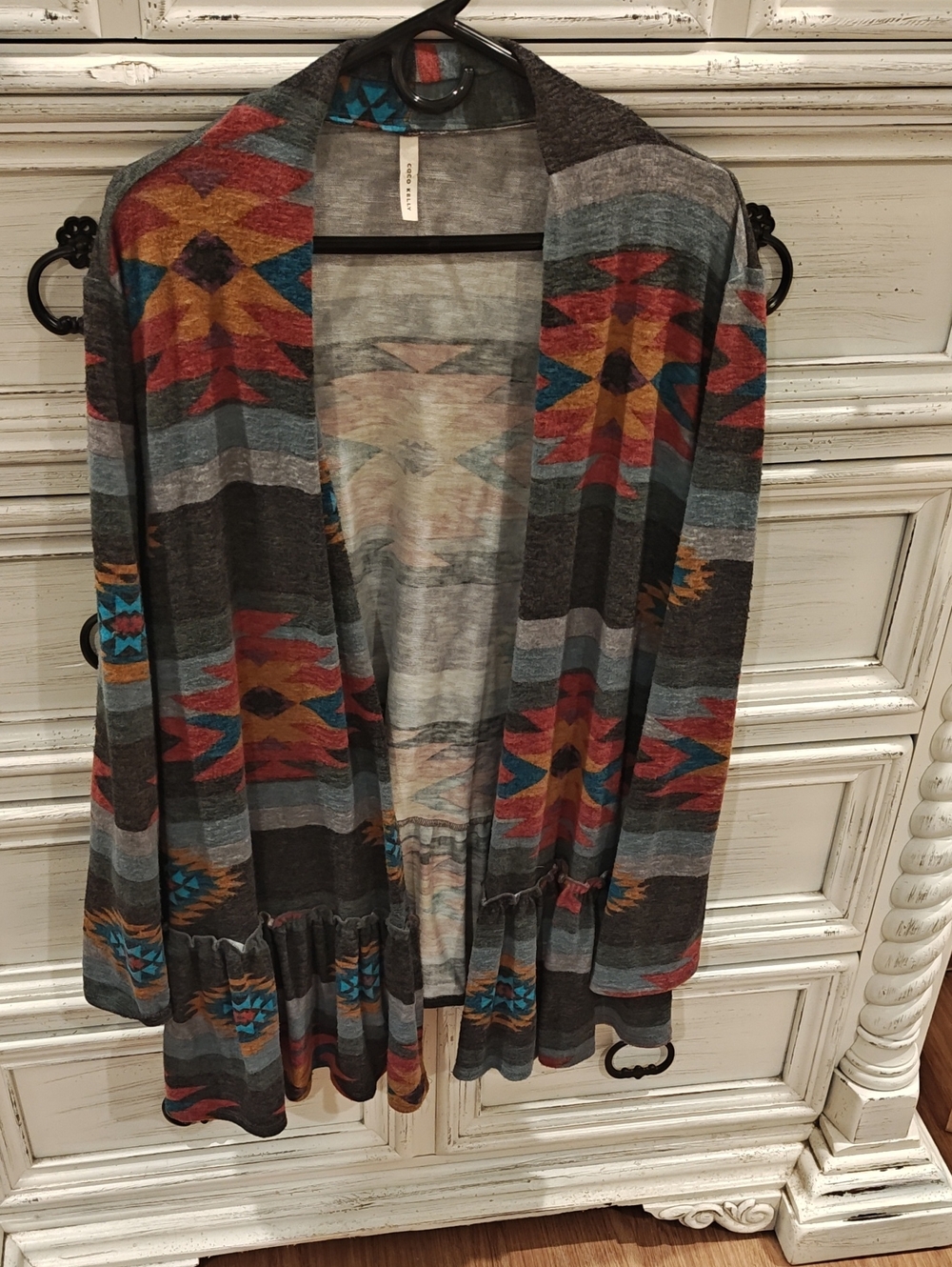 Open-Front Tribal Print Cardigan Sweater - Gray Multi